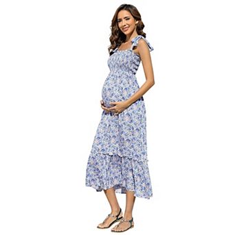 Women's Maternity Smocked Dress Sleeveless Spaghetti Strap Boho Dress Casual Summer Maxi Dress
