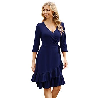 Women's Wrap Dress,3/4 Sleeve Midi Dresses A-line Floral Flowy With Belt Party Dress