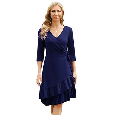 Women's Wrap Dress,3/4 Sleeve Midi Dresses A-line Floral Flowy With Belt Party Dress