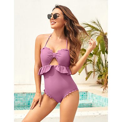 Women Halter One Piece Swimsuits Ruffle Cut Out Tie Knot Front Swimwear Tummy Control Bathing Suits