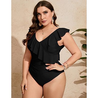 Women's Plus Size Ruffled V-Neck Swimsuit with Abdominal Fold and Double Shoulder