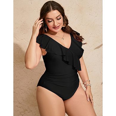 Women's Plus Size Ruffled V-Neck Swimsuit with Abdominal Fold and Double Shoulder