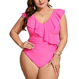Women's Plus Size Ruffled V-Neck Swimsuit with Abdominal Fold and Double Shoulder