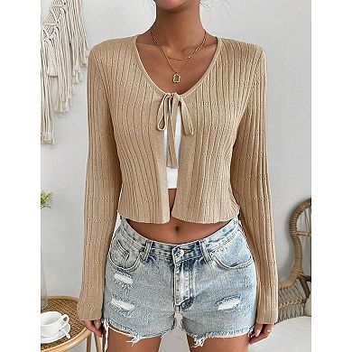 Womens Lightweight Long Sleeve Cardigan Tie Front Shrugs Knit Cardigan Crop Tops