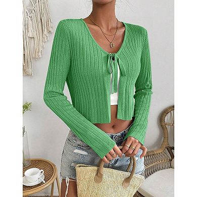 Womens Lightweight Long Sleeve Cardigan Tie Front Shrugs Knit Cardigan Crop Tops