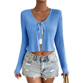 Womens Lightweight Long Sleeve Cardigan Tie Front Shrugs Knit Cardigan Crop Tops