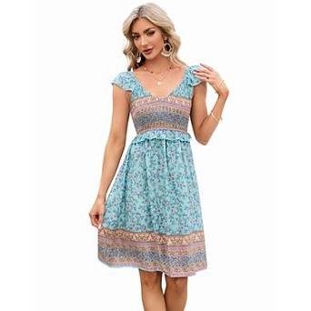 Women's Large Short Sleeve V Neck Floral Printed Ruffle A-line Midi Dress