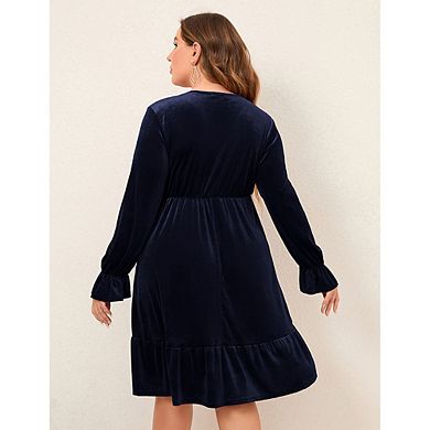 Women's Plus Size Wrap V Neck Velvet Dress Swing Dress Long Sleeve Party Dress