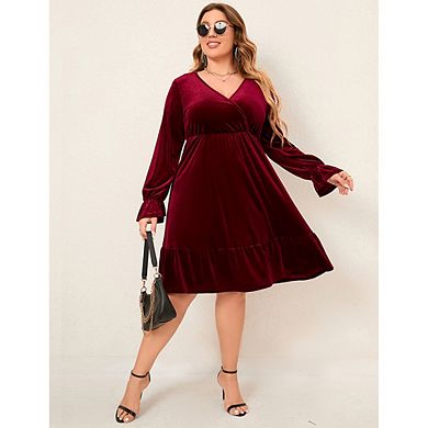 Women's Plus Size Wrap V Neck Velvet Dress Swing Dress Long Sleeve Party Dress