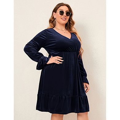Women's Plus Size Wrap V Neck Velvet Dress Swing Dress Long Sleeve Party Dress