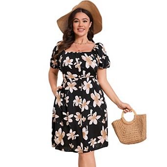 Womens Summer Dresses Boho Floral Beach Flowy Plus Size Short Lantern Sleeve Scoop Neck Midi Dress