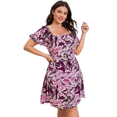Womens Summer Dresses Boho Floral Beach Flowy Plus Size Short Lantern Sleeve Scoop Neck Midi Dress