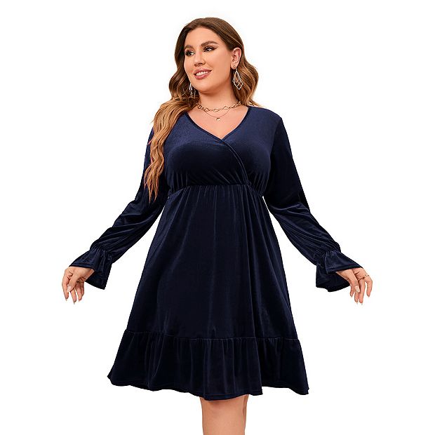 Women s Plus Size Wrap V Neck Velvet Dress Swing Dress Long Sleeve Party Dress