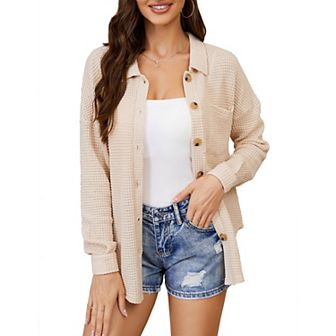 Womens Waffle Knit Shirt Button Down Oversized Blouse Long Sleeve Jacket Tops With Bust Pockets