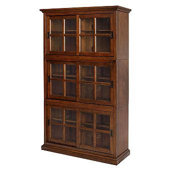 eHemco 80 Inch Wooden Stackable Standard Bookcase with Sliding Glass Doors
