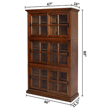 eHemco 80 Inch Wooden Stackable Standard Bookcase with Sliding Glass Doors