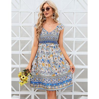 Women's Large Short Sleeve V Neck Floral Printed Ruffle A-line Midi Dress