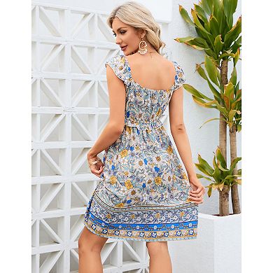 Women's Large Short Sleeve V Neck Floral Printed Ruffle A-line Midi Dress