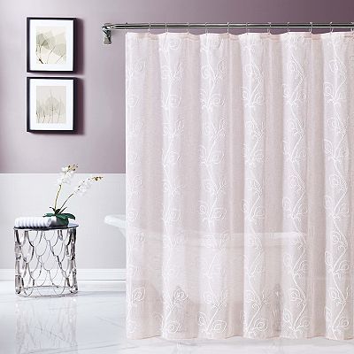 New Shower Curtain Embroidered Floral Border Cotton The outlet Texture Collection White