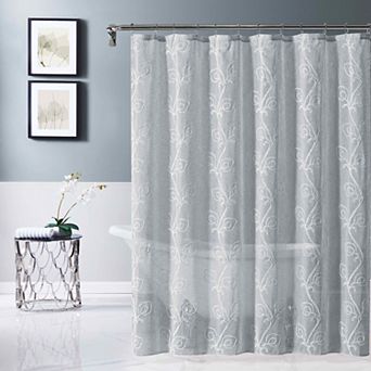 Dainty Home Stella 3D Floral Chenille Embroidered Linen Textured Shower Curtain