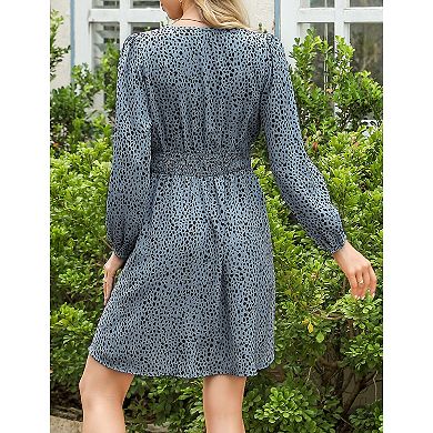 Women's Puff Long Sleeve Wrap Smocked Waist Chiffon Leopard Print Mini Dress