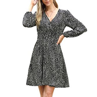 Women's Long Sleeve Wrap Smocked Waist Chiffon Leopard Print Mini Dress