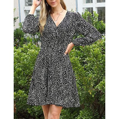 Women's Long Sleeve Wrap Smocked Waist Chiffon Leopard Print Mini Dress