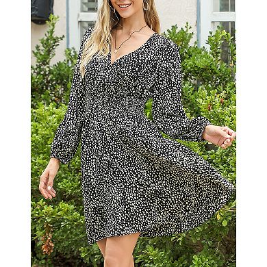 Women's Long Sleeve Wrap Smocked Waist Chiffon Leopard Print Mini Dress