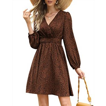 Women's Long Sleeve Wrap Smocked Waist Chiffon Leopard Print Mini Dress