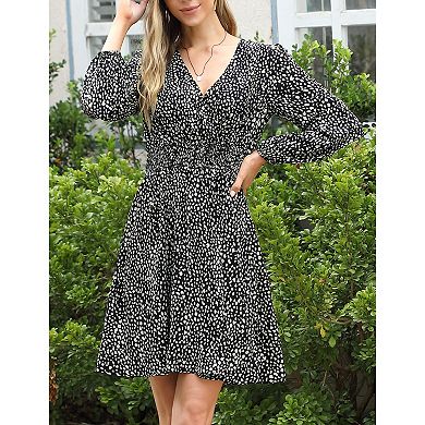 Women's Puff Long Sleeve Wrap Smocked Waist Chiffon Leopard Print Mini Dress