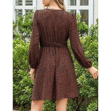 Women's Puff Long Sleeve Wrap Smocked Waist Chiffon Leopard Print Mini Dress