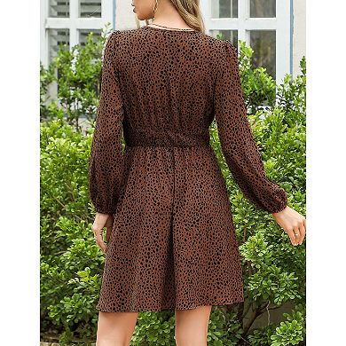 Women's Long Sleeve Wrap Smocked Waist Chiffon Leopard Print Mini Dress