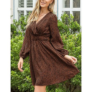 Women's Long Sleeve Wrap Smocked Waist Chiffon Leopard Print Mini Dress