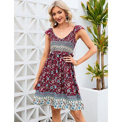 Women's Large Short Sleeve V Neck Floral Printed Ruffle A-line Midi Dress