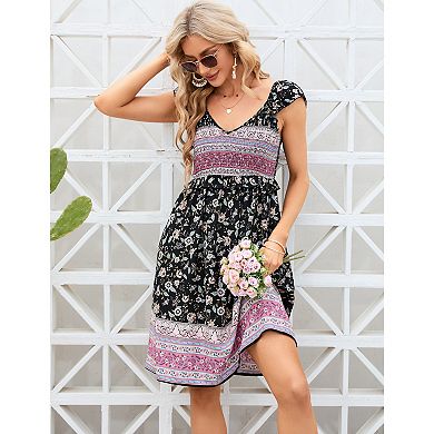 Women's Large Short Sleeve V Neck Floral Printed Ruffle A-line Midi Dress