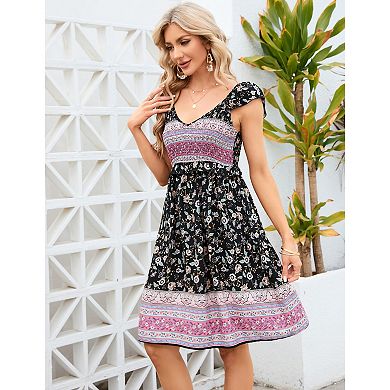 Women's Large Short Sleeve V Neck Floral Printed Ruffle A-line Midi Dress