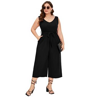 Women's Plus Size V Neck Rompers Ruffle Sleeve Belted Wide Leg Pants Summer Casual Long Jumpsuit
