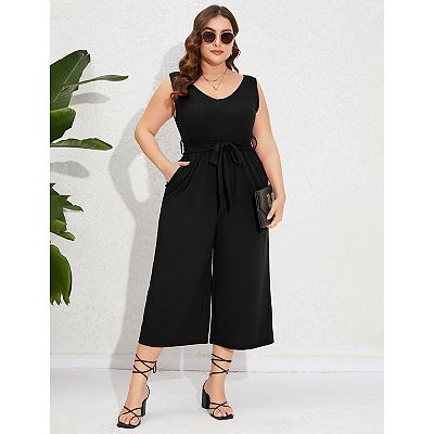 Women s Plus Size V Neck Rompers Ruffle Sleeve Belted Wide Leg Pants Summer Casual Long Jumpsuit