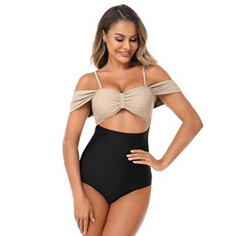 Women's Off Shoulder Color Block One Piece Swimsuits Cutout Scallop Trim Swimwear