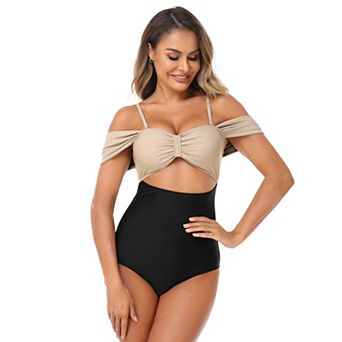Women's Off Shoulder Color Block One Piece Swimsuits Cutout Scallop Trim Swimwear