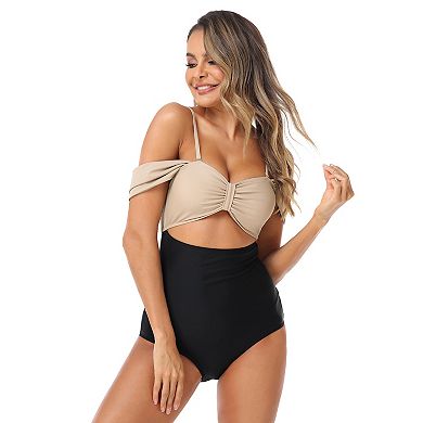 Women's Off Shoulder Color Block One Piece Swimsuits Cutout Scallop Trim Swimwear