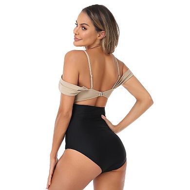 Women's Off Shoulder Color Block One Piece Swimsuits Cutout Scallop Trim Swimwear
