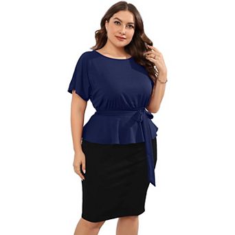 Women Plus Size Bodycon Elegant Midi Dress Peplum Business Office Sheath Cocktail Dress With Belt
