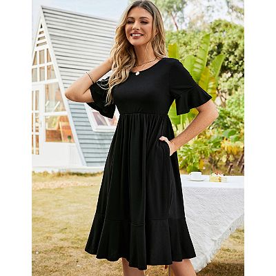 Women Casual Short Sleeve Crewneck Swing Dress Casual Flowy Tiered Beach Midi Dress With Pockets