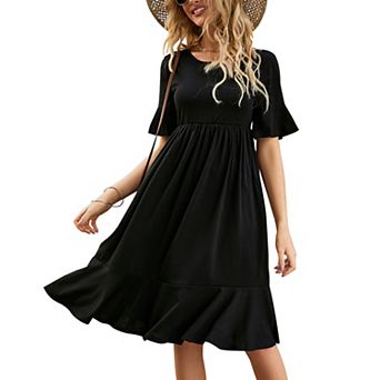 Women Casual Short Sleeve Crewneck Swing Dress Casual Flowy Tiered Beach Midi Dress With Pockets
