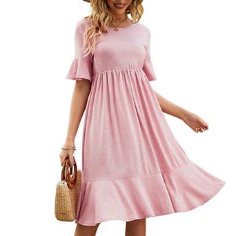 Women Casual Short Sleeve Crewneck Swing Dress Casual Flowy Tiered Beach Midi Dress With Pockets
