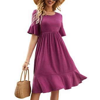 Women Casual Short Sleeve Crewneck Swing Dress Casual Flowy Tiered Beach Midi Dress With Pockets
