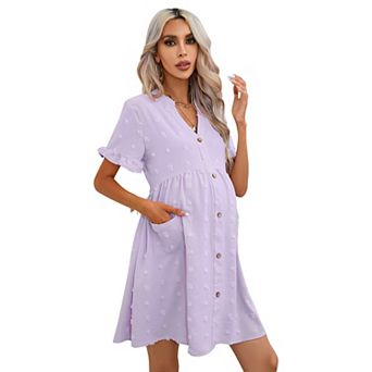 Maternity Swiss Dot Dress Summer V Neck Short Sleeve Button Down Mini Dress With Pockets