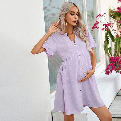 Maternity Swiss Dot Dress Summer V Neck Short Sleeve Button Down Mini Dress With Pockets
