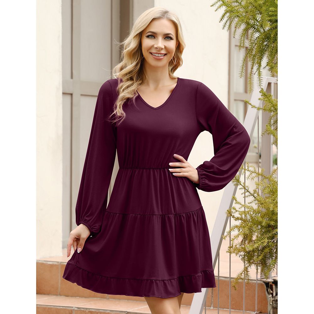 JayGate Women's V Neck Linen Mini Dress - Pleated Lantern Sleeve Babydoll Shirt, Army Green